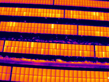 Infrarotbild PV-Anlage mit zahlreichen thermischen Auffälligkeiten, Substrings, PV-Modul (optris PI 450) Infrarotbild defekte Photovoltaikanlage viele Module Substrings